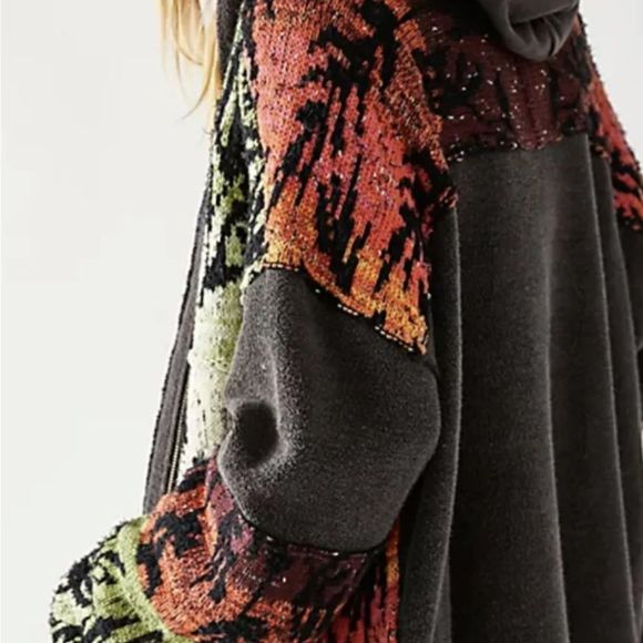 Free People Golden Hour Cardi Jacket Hooded Mixed Knit Piecing Black OrangeGreen - Picture 4 of 7